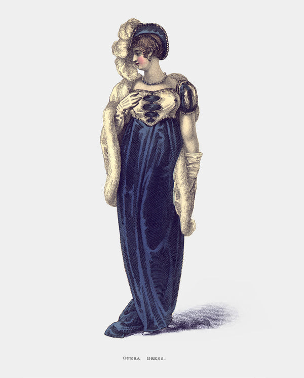 Fancy Lady in Velvet Blue Opera Dress with Fur & Feather Accents